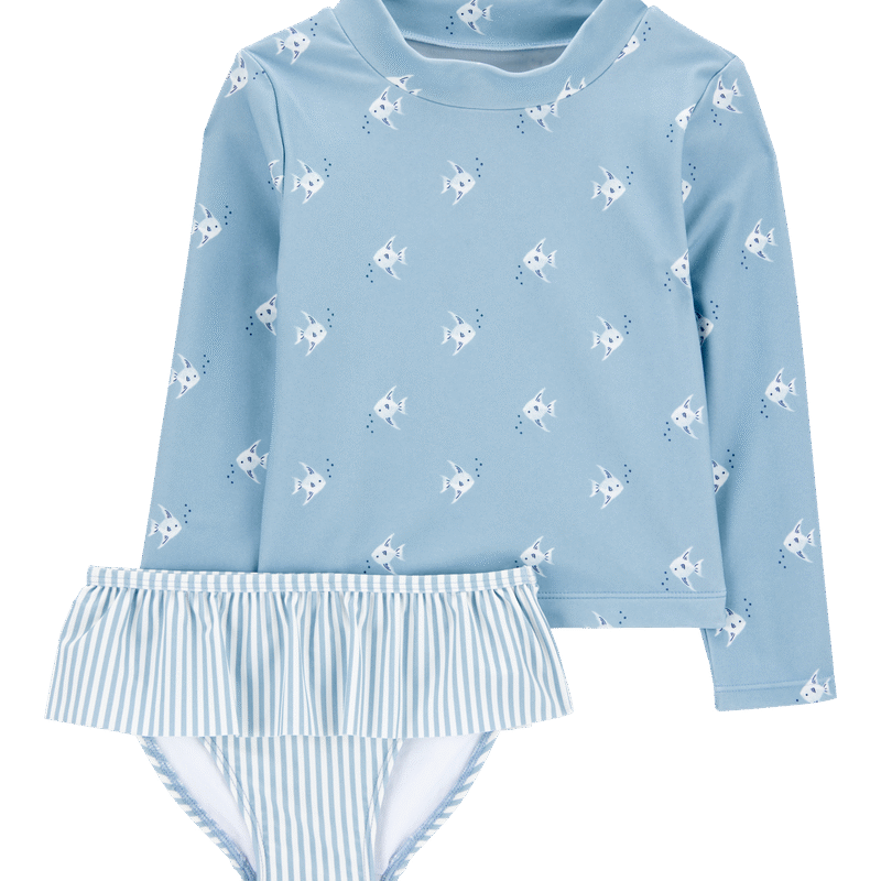 Toddler Girl 2-Piece Shell Striped Long-Sleeve Rashguard Swim Set - Blue